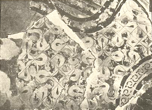 Greyscale drawing of ancient fresco with an intricate four petal pattern painted into a grid of incised lines.
