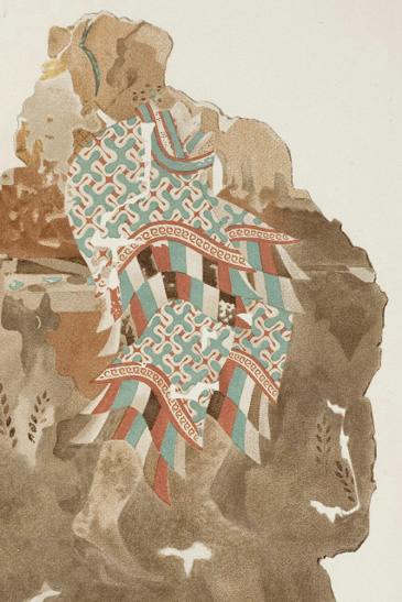 Full colour reconstruction of an ancient fresco with an intricate four petal pattern.