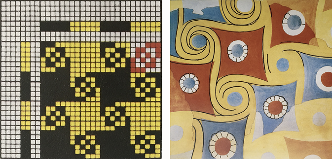 On the left, a grid with a weave pattern showing interlocked spirals and checkers. On the right, a fresco showing the same interlocking pattern in red, yellow and blue.