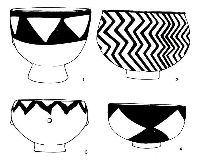 Line drawings of four Neolithic vases with zigzag patterns.
