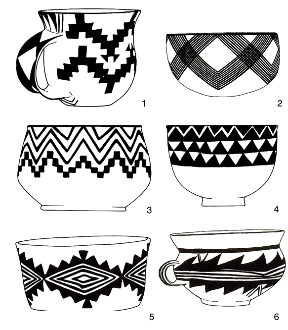 Line drawings of six vessels showing geometric patterns.