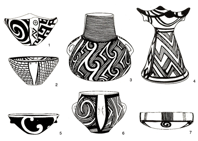 Line drawing of seven vessels with geometric designs.