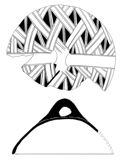 Line drawing of a vase lid with a design of plaited strands.