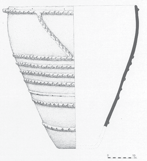 Drawing of Neolithic storage jar with a relief of a cord running around the vessel in several circles.