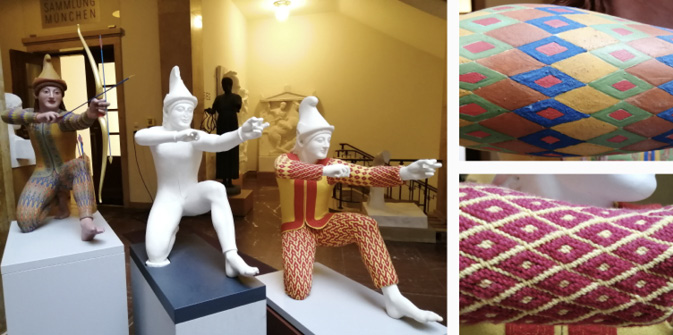 Three sculptures of an archer, one with full color reconstruction, one without any colour, one with reconstructed trousers and vest. Details of color and fabric reconstruction to the right.