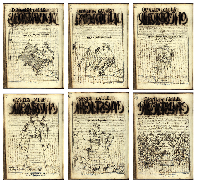 Six historical pages with illustrations and handwritten text featuring people engaging in activities like weaving, spinning, or tending plants.