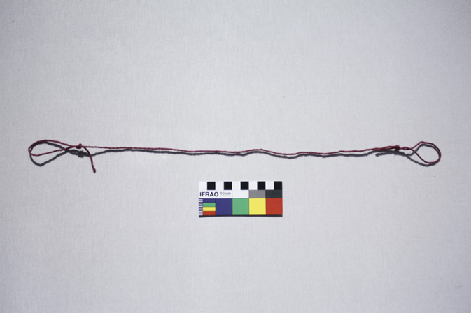 Photograph of a cord with loops at both ends with a colour calibration chart.