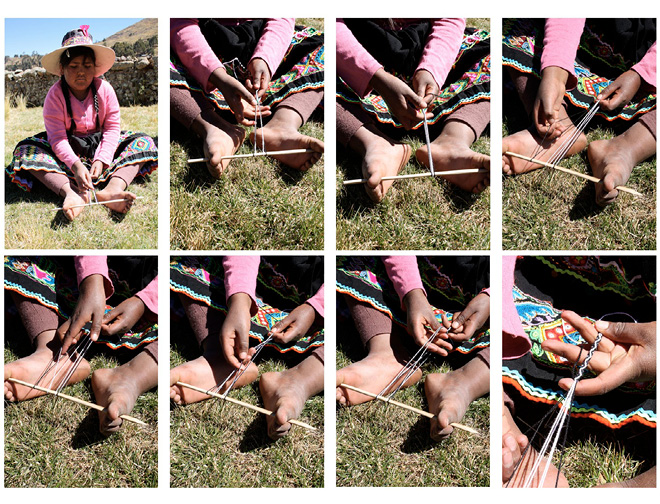 A collage of eight images of a young person sitting on grass shows the steps of a sequence of weaving. Close-ups focus on hands crafting intricate patterns with wooden tools.
