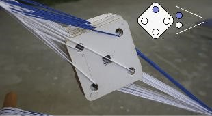 A square cardboard with holes at each corner holds multiple blue and white threads for weaving. An illustrated diagram shows thread paths.