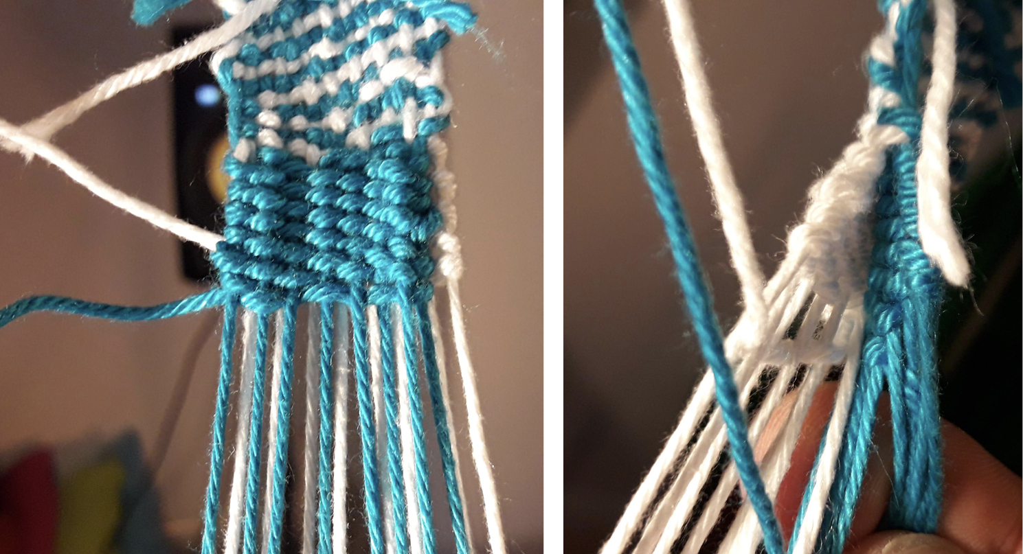Close up of a braid on the live loom showing a double weave in the form of a split into a blue and a white ribbon.