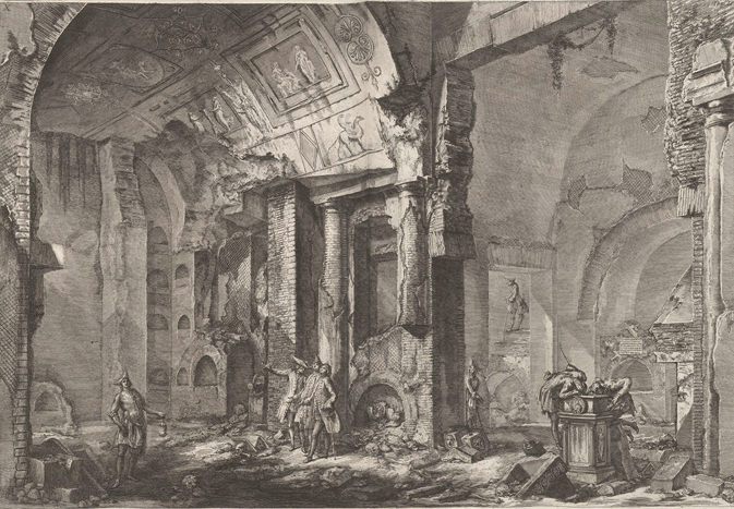 A drawing by Giovanni Battista Piranesi, showing the interior of the tomb of L. Arruntius, done between 1735-1778. The drawing shows a room with high, vaulting stone arches which have begun to crumble, a floor littered with bones and other detritus from the collapsing structure. A trio of men in 18th century garb, including tricorner hats and frock coats stand centre right, two looking up at the high ceiling and one looking down, behind the other two as he gestures expansively to the space. A fourth man stands near the left of the image, also wearing a frockcoat and tricorner hat, carrying a lantern in his left hand. At the right, two men can be seen peering down into a large ornately decorated container, while at centre right, two more men can be seen, one descending a staircase and the other about to enter the chamber.