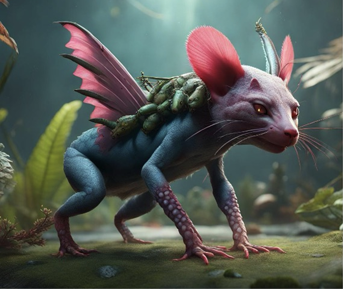 Colorful image of crouching creature with racoon-like face, wings and scales in jungle setting.