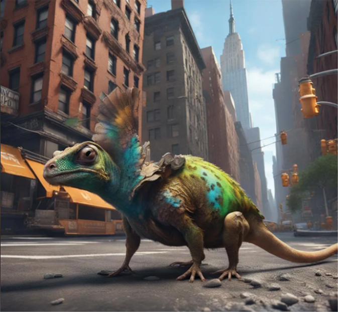 Lizard-faced creature with rat’s body covered in both fur and scales, standing atop city street with large buildings in background.