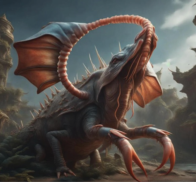 Animal rearing on hind legs resembling a shrimp and elephant combined together with its mouth open, ominously.